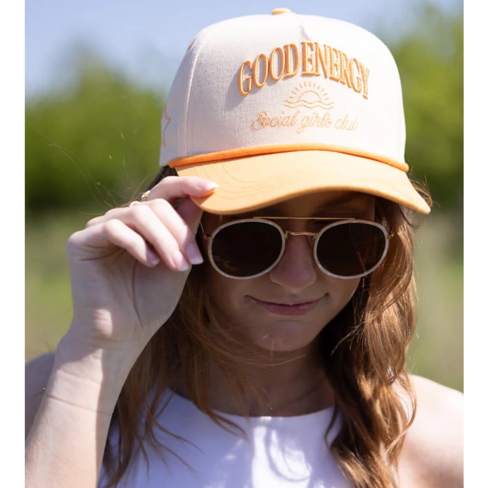 NWT Women Hat Cap Good Energy Yellow Orange Embroidered Baseball Trucker NEW